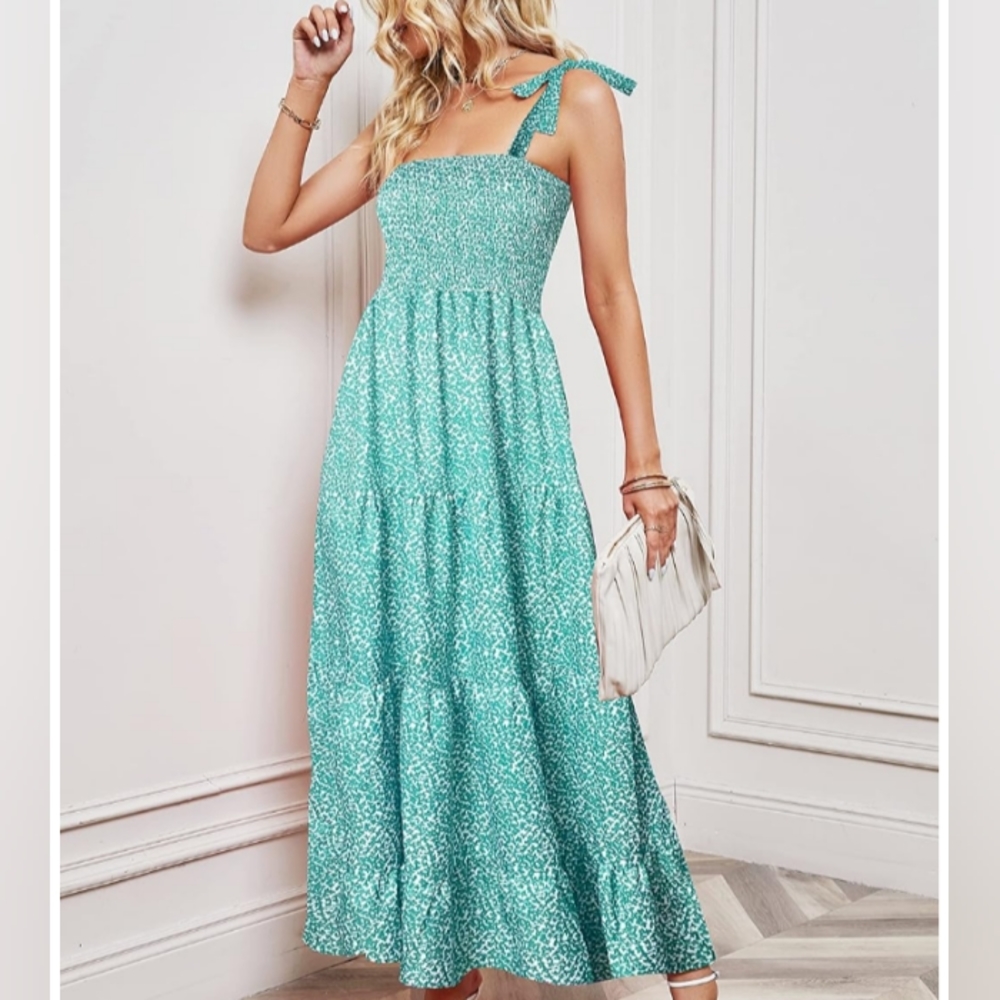 Green Print Summer Maxi Midi Tiered Dress Shoulder Ties Flowy Bohemian Vacation